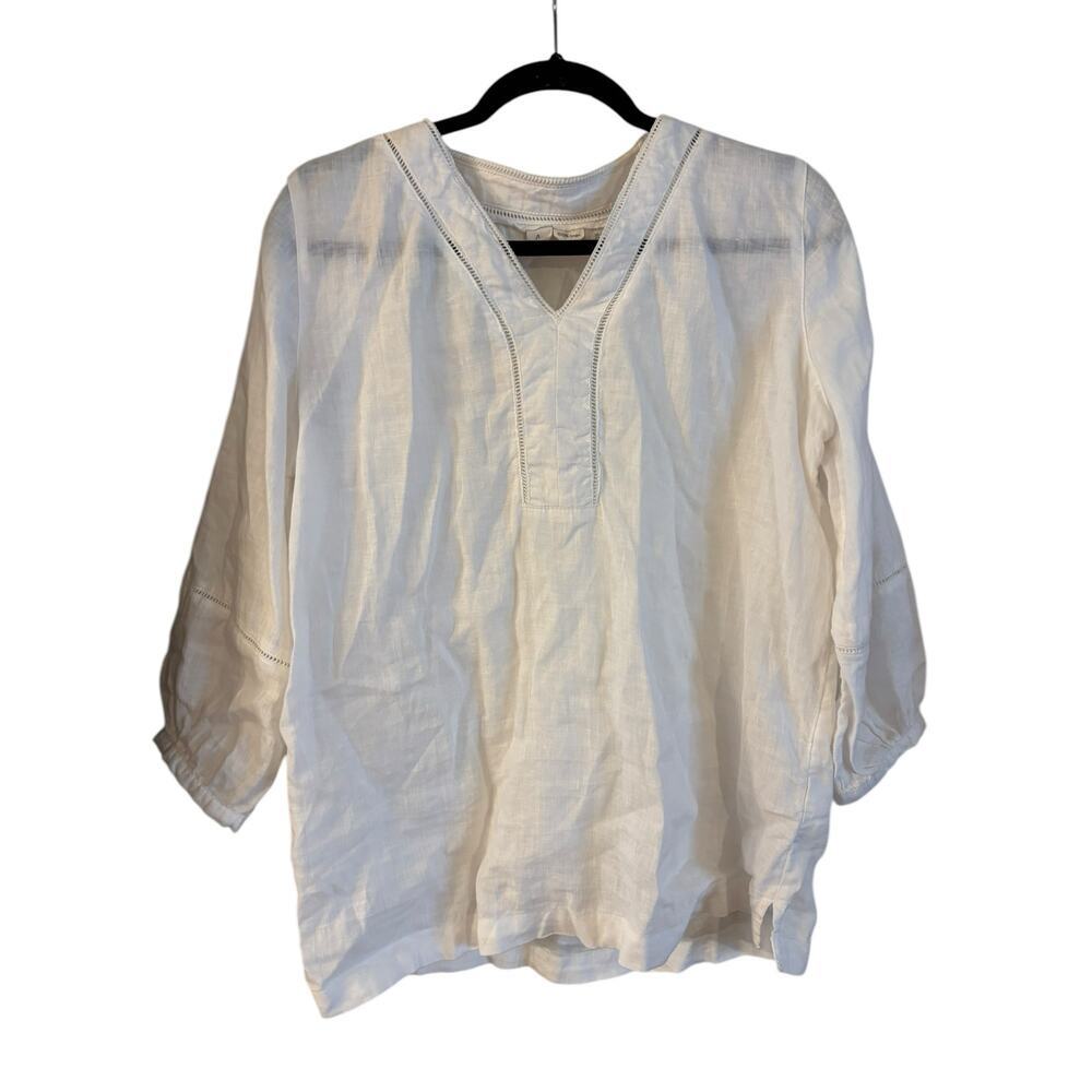 Joie Womens 100% Linen White Tunic Blouse Shirt 3/4 Sleeve Medium Ladder Lace